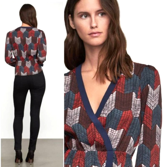 New BCBGMaxAzria Small Silky Wrap Peplum Blouse Top Geo Chevron Print Red Teal - Picture 4 of 12